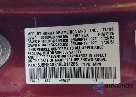 2009 Honda Cr-V Lx from USA, damaged, VIN 5J6RE48319L014266